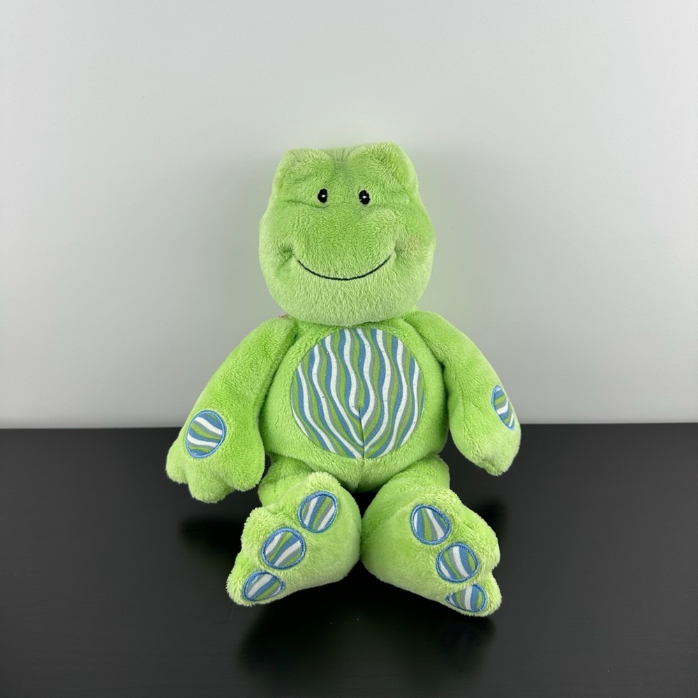 Baby Ganz Green Frog 12” Rattle Pastel White Blue Stripes Plush Stuffed Animal